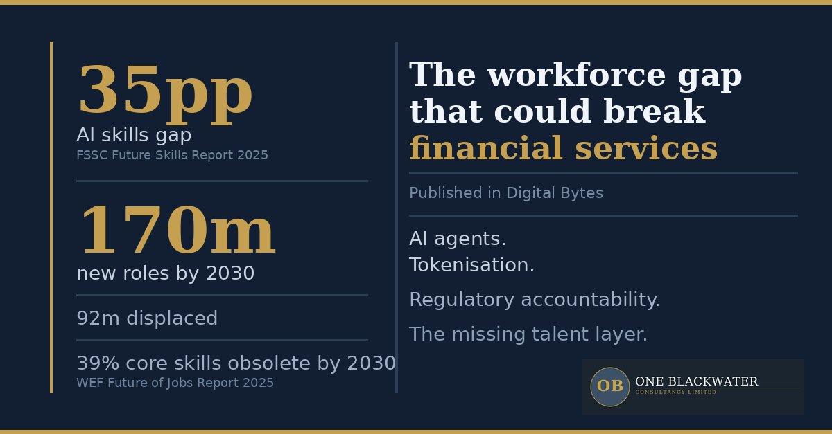 The workforce gap that could break financial services - 35pp AI skills gap, 170m new roles by 2030, 92m displaced, 39% core skills obsolete. AI agents, tokenisation, regulatory accountability, the missing talent layer.
